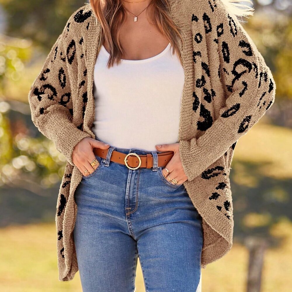 Khaki Casual Women's Leopard Print Knit Cardigan